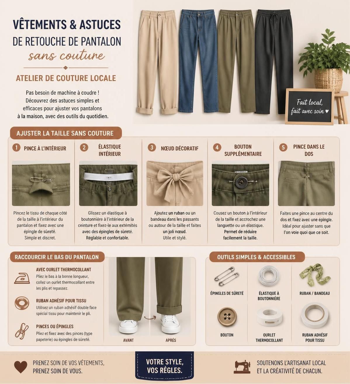 découvrez des astuces simples et efficaces pour resserrer un pantalon à la taille sans couture. apprenez à ajuster votre vêtement facilement et sans matériel de couture.